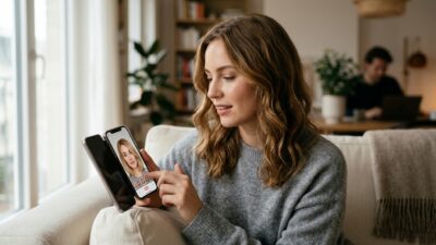 Девушка примеряет новую причёску онлайн на смартфоне по своему фото